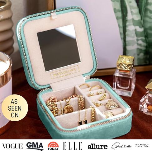 Benevolence LA Plush Velvet Jewelry Box | Travel Jewelry Case Organizer with Mirror | Featured in Oprah's Favorite Things | Best Gifts For Daughter, Girlfriend, Mom | Gifts For Her - Cyan in Kuwait