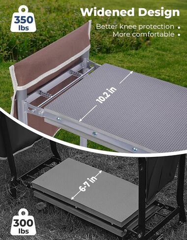 ديرفامي مقعد حديقة بعرض 10.2 انش، مقعد حديقة وغطاء تحميل للمقعد 350 باوند، مقعد بستنة شديد التحمل مع وسادة ركبة اضافية، 2 كيس للادوات، قفازات مخلبية، هدية للنساء وكبار السن، بني in Kuwait