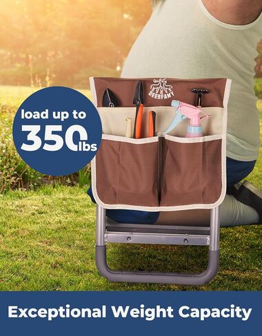 ديرفامي مقعد حديقة بعرض 10.2 انش، مقعد حديقة وغطاء تحميل للمقعد 350 باوند، مقعد بستنة شديد التحمل مع وسادة ركبة اضافية، 2 كيس للادوات، قفازات مخلبية، هدية للنساء وكبار السن، بني in Kuwait