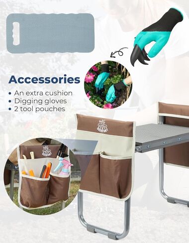 ديرفامي مقعد حديقة بعرض 10.2 انش، مقعد حديقة وغطاء تحميل للمقعد 350 باوند، مقعد بستنة شديد التحمل مع وسادة ركبة اضافية، 2 كيس للادوات، قفازات مخلبية، هدية للنساء وكبار السن، بني in Kuwait