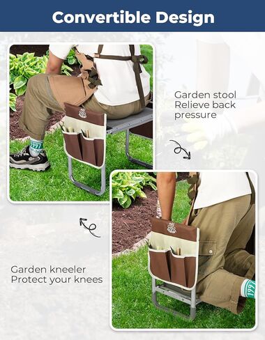 ديرفامي مقعد حديقة بعرض 10.2 انش، مقعد حديقة وغطاء تحميل للمقعد 350 باوند، مقعد بستنة شديد التحمل مع وسادة ركبة اضافية، 2 كيس للادوات، قفازات مخلبية، هدية للنساء وكبار السن، بني in Kuwait