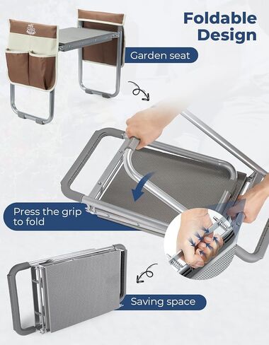 ديرفامي مقعد حديقة بعرض 10.2 انش، مقعد حديقة وغطاء تحميل للمقعد 350 باوند، مقعد بستنة شديد التحمل مع وسادة ركبة اضافية، 2 كيس للادوات، قفازات مخلبية، هدية للنساء وكبار السن، بني in Kuwait