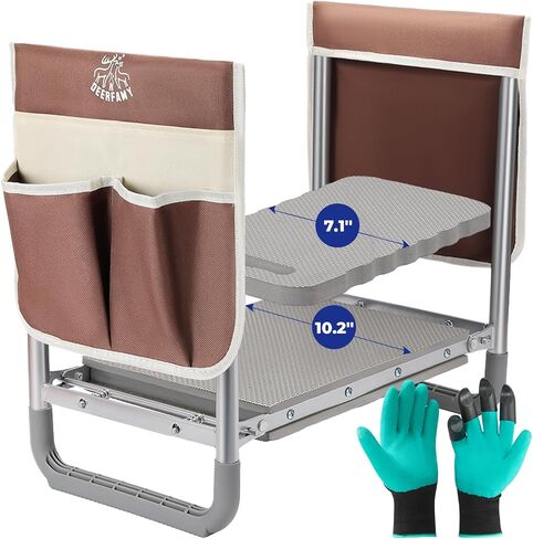 ديرفامي مقعد حديقة بعرض 10.2 انش، مقعد حديقة وغطاء تحميل للمقعد 350 باوند، مقعد بستنة شديد التحمل مع وسادة ركبة اضافية، 2 كيس للادوات، قفازات مخلبية، هدية للنساء وكبار السن، بني in Kuwait
