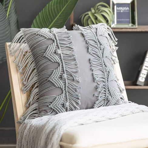 Phantoscope 100% Cotton Handmade Crochet Woven Boho Throw Pillow Farmhouse Pillow Insert Included Decorative Cushion for Couch Sofa Pink 18 x 18 inches in Kuwait