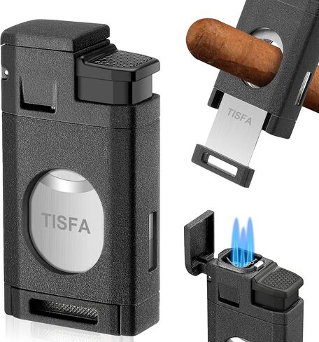 ولاعة سيجار TISFA، ولاعة بوتان مع قاطع سيجار، ولاعة شعلة نفاث ثلاثية تقطع ما يصل إلى 60 سيجارًا بقياس حلقة، ولاعات بوتان مقاومة للرياح قابلة لإعادة الملء (أسود غير لامع) in Kuwait
