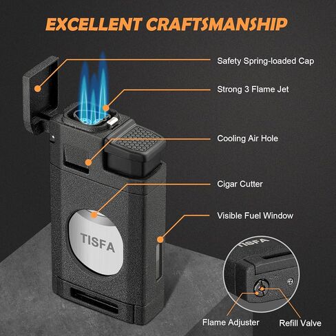 ولاعة سيجار TISFA، ولاعة بوتان مع قاطع سيجار، ولاعة شعلة نفاث ثلاثية تقطع ما يصل إلى 60 سيجارًا بقياس حلقة، ولاعات بوتان مقاومة للرياح قابلة لإعادة الملء (أسود غير لامع) in Kuwait