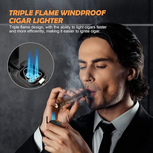 ولاعة سيجار TISFA، ولاعة بوتان مع قاطع سيجار، ولاعة شعلة نفاث ثلاثية تقطع ما يصل إلى 60 سيجارًا بقياس حلقة، ولاعات بوتان مقاومة للرياح قابلة لإعادة الملء (أسود غير لامع) in Kuwait
