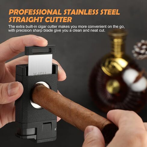 ولاعة سيجار TISFA، ولاعة بوتان مع قاطع سيجار، ولاعة شعلة نفاث ثلاثية تقطع ما يصل إلى 60 سيجارًا بقياس حلقة، ولاعات بوتان مقاومة للرياح قابلة لإعادة الملء (أسود غير لامع) in Kuwait