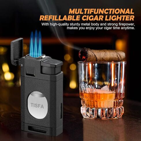 ولاعة سيجار TISFA، ولاعة بوتان مع قاطع سيجار، ولاعة شعلة نفاث ثلاثية تقطع ما يصل إلى 60 سيجارًا بقياس حلقة، ولاعات بوتان مقاومة للرياح قابلة لإعادة الملء (أسود غير لامع) in Kuwait