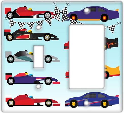 Decorative Wall Switch Cover Plate - Race Cars Child Decor Switch Plate - Great for Nursery Room With Blues, Reds, Oranges, and Blacks (Single Toggle Switch Cover) in Saudi Arabia