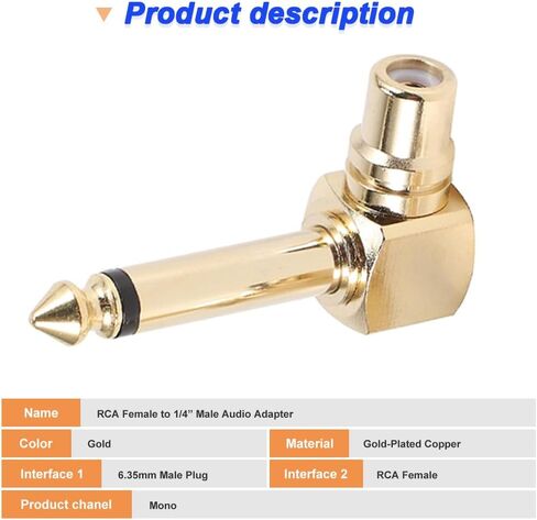 RCA to 1/4" Audio Adapter, 90 Degree 6.35mm Mono Male Microphone Plug to RCA Female Connector, Gold Plated Pure Copper Guitar Jack Connector (2 Pack) in Kuwait