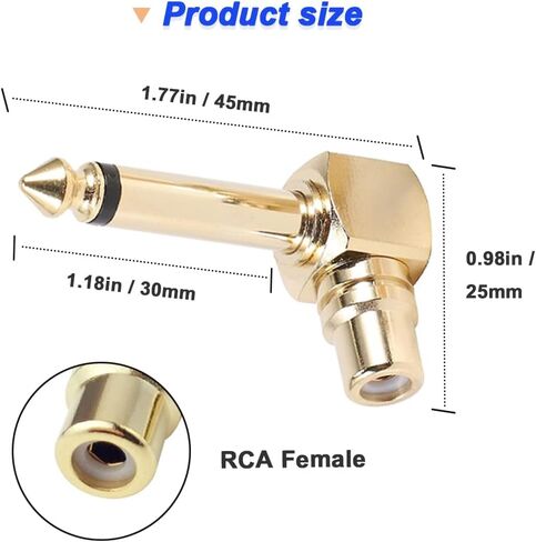 RCA to 1/4" Audio Adapter, 90 Degree 6.35mm Mono Male Microphone Plug to RCA Female Connector, Gold Plated Pure Copper Guitar Jack Connector (2 Pack) in Kuwait