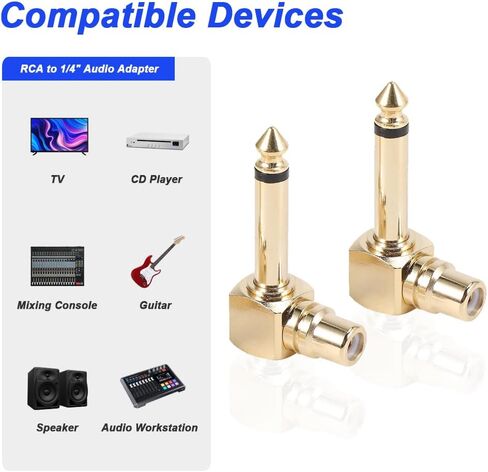 RCA to 1/4" Audio Adapter, 90 Degree 6.35mm Mono Male Microphone Plug to RCA Female Connector, Gold Plated Pure Copper Guitar Jack Connector (2 Pack) in Kuwait