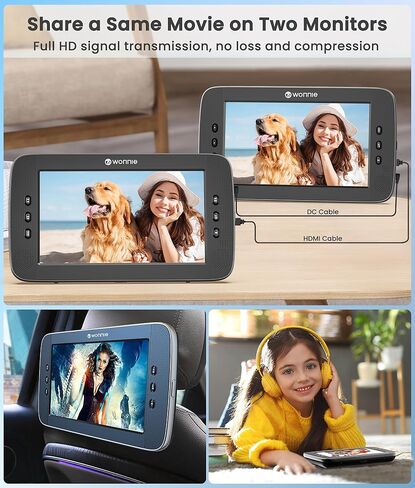 مشغل DVD للسيارة مقاس 10.5 بوصة من WONNIE بشاشة مزدوجة مع مدخل/مخرج HDMI 1080P، ومشغل DVD لمسند الرأس مع نقل إشارة عالي الدقة بالكامل، ودعامات تثبيت، ومحول تيار متردد، ودعم USB/مزامنة للتلفزيون (مشغل واحد + شاشة واحدة) in Kuwait