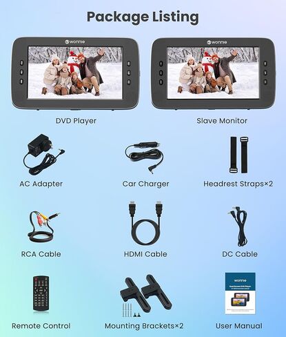 مشغل DVD للسيارة مقاس 10.5 بوصة من WONNIE بشاشة مزدوجة مع مدخل/مخرج HDMI 1080P، ومشغل DVD لمسند الرأس مع نقل إشارة عالي الدقة بالكامل، ودعامات تثبيت، ومحول تيار متردد، ودعم USB/مزامنة للتلفزيون (مشغل واحد + شاشة واحدة) in Kuwait