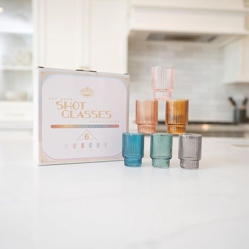 Mixer's Mark Handmade Art Deco Shot Glasses Set of 6 - Vintage Fancy Shot Glass Set in a Gift-Ready Box - Display-Worthy 1.5 Oz Shot Glasses Hand Blown from Premium Glass - Multicolored, Arch Design in Saudi Arabia