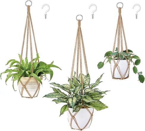 Dahey Macrame Plant Hanger Set of 3 with Hooks Indoor Hanging Planter Basket 35"/29"/23" Handmade Woven Cotton Rope Flower Pot Crochet Plant Holder Stand for Boho Home Decor No Tassels,Beige in Saudi Arabia