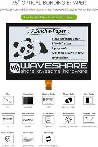 Waveshare 7.5inch E-Paper E-Ink Optical Bonding Display Compatible with Raspberry Pi 4B/3B+/3B/2B/B+/A+/Zero/Zero W/WH/Zero 2W Series Boards 800×480 Pixels Dual-Color with SPI Interface Without PCB in Saudi Arabia