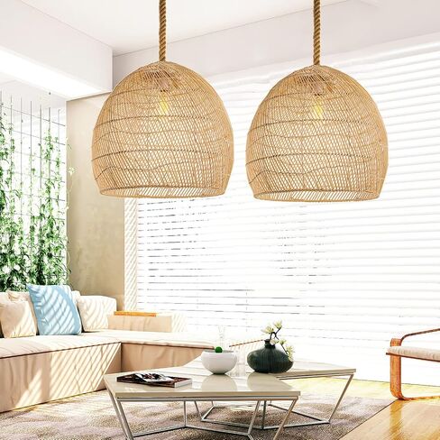 Arturesthome Mini Natural Rattan Pendant Light for Kitchen Island, Woven Lamp Shade Chandelier, Handmade Hanging Ceiling Light Lampshade, Rope Lamp D 9.8inx10.6in in Saudi Arabia