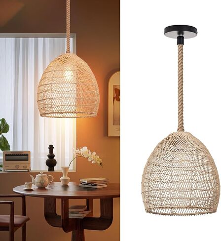 Arturesthome Mini Natural Rattan Pendant Light for Kitchen Island, Woven Lamp Shade Chandelier, Handmade Hanging Ceiling Light Lampshade, Rope Lamp D 9.8inx10.6in in Saudi Arabia