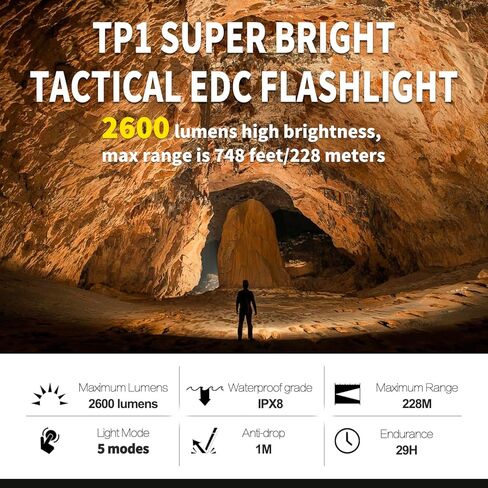 مصباح شرطة ULTRAFIRE 2600 لومن عالي مع حافظة، مصباح يدوي تكتيكي EDC قابل لإعادة الشحن مع حامل حزام واجب، ضوء فلاش مشرق لإنفاذ القانون TP1 in Kuwait