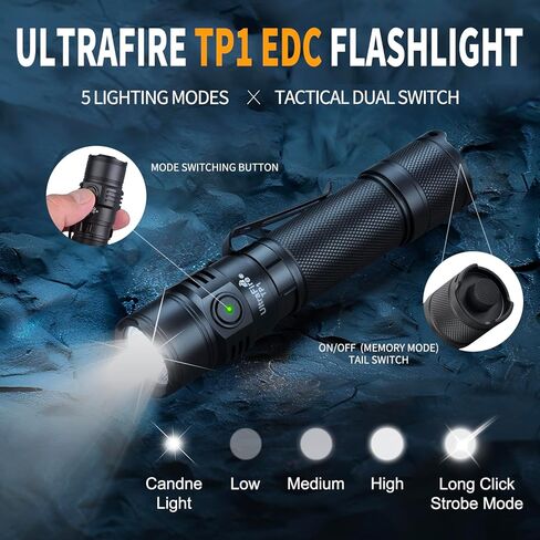 مصباح شرطة ULTRAFIRE 2600 لومن عالي مع حافظة، مصباح يدوي تكتيكي EDC قابل لإعادة الشحن مع حامل حزام واجب، ضوء فلاش مشرق لإنفاذ القانون TP1 in Kuwait