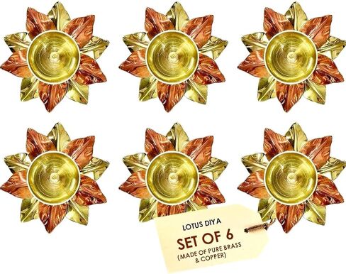 Set of 2 Brass Copper Lotus Flower Petals Kamal Shape Akand Diya for Traditional Indian Festive Diwali Deepawali Puja Pooja Dia Home Temple Decoration Oil Lamp Gift Items (Size-13x7 cm) in Saudi Arabia