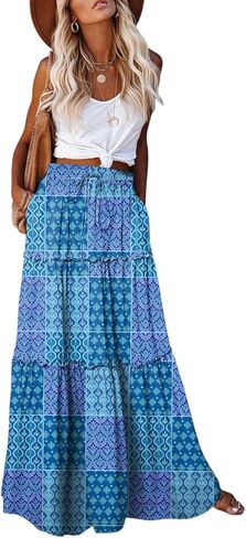 Happy Sailed Womens Floral Print Boho Maxi Skirt Elastic High Waist Pleated Ruffle Flowy Long Skirts S-XL in Kuwait