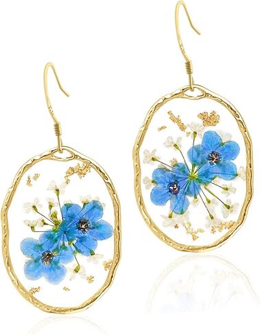 Gold Vermeil Hooks Forget Me Not Dangle Earrings with Gold Flakes Handmade Vintage Jewelry, Flower Earrings for Women, Boho Earings Christmas Gift for Her (Blue Teardrop Gold Vermeil) in Saudi Arabia