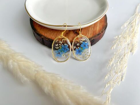 Gold Vermeil Hooks Forget Me Not Dangle Earrings with Gold Flakes Handmade Vintage Jewelry, Flower Earrings for Women, Boho Earings Christmas Gift for Her (Blue Teardrop Gold Vermeil) in Saudi Arabia