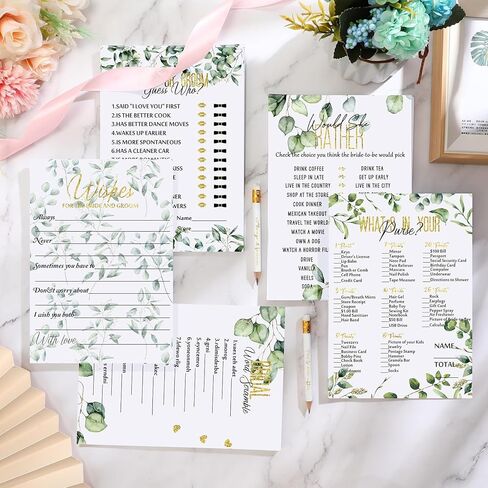 مجموعة ألعاب دش الزفاف 220 قطعة من Outus، بطاقات ألعاب الزفاف، بطاقات الأوكالبتوس والليمون، مستلزمات ألعاب الزفاف وأقلام الرصاص وإكسسوارات الأنشطة للعروس والعريس وحفلات الزفاف (نمط أخضر) in Kuwait
