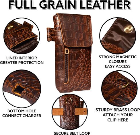 Genuine Full-Grain Buffalo Leather Cell Phone Holsters – 7" H x 3.5" W Leather Cell Phone Holster Large Smartphones – Secure & Durable Phone Belt Holder (Crocodile Print) (Croco Tan) in Saudi Arabia