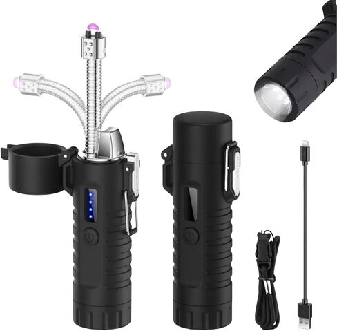 Electric Lighter, Telescopic Flexible Neck Candle Lighter, USB Plasma Arc Lighters Rechargeable, Windproof Flameless Lighters with Flashlight for Camping, Outdoor (Black) in Kuwait