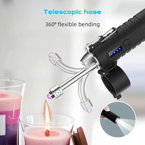Electric Lighter, Telescopic Flexible Neck Candle Lighter, USB Plasma Arc Lighters Rechargeable, Windproof Flameless Lighters with Flashlight for Camping, Outdoor (Black) in Kuwait