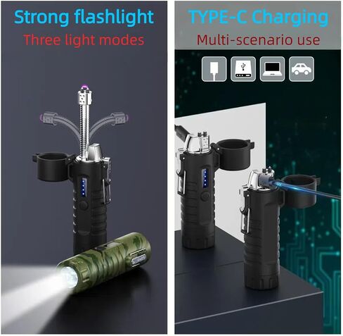 Electric Lighter, Telescopic Flexible Neck Candle Lighter, USB Plasma Arc Lighters Rechargeable, Windproof Flameless Lighters with Flashlight for Camping, Outdoor (Black) in Kuwait