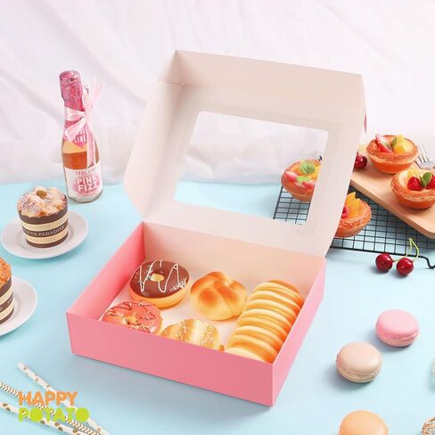 HAPPY POTATO 25 Bakery Boxes with window, White Pastry Boxes with Window, 10x8x2.5 Inches Bakery Boxes for Cookies, Dessert Boxes with Window, Treat Boxes for Pie, Donuts, Cookies, Muffins, Chocolate in Kuwait