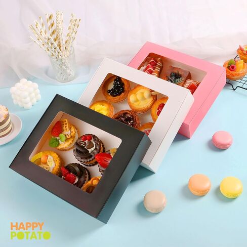 HAPPY POTATO 25 Bakery Boxes with window, White Pastry Boxes with Window, 10x8x2.5 Inches Bakery Boxes for Cookies, Dessert Boxes with Window, Treat Boxes for Pie, Donuts, Cookies, Muffins, Chocolate in Kuwait