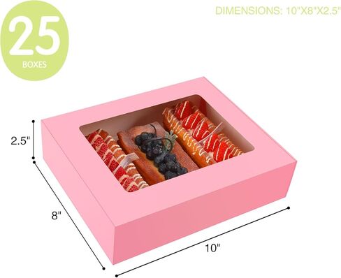 HAPPY POTATO 25 Bakery Boxes with window, White Pastry Boxes with Window, 10x8x2.5 Inches Bakery Boxes for Cookies, Dessert Boxes with Window, Treat Boxes for Pie, Donuts, Cookies, Muffins, Chocolate in Kuwait