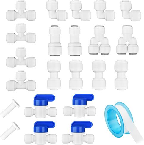 1/4" OD Quick Connect Fittings Set with 1/4" to 3/8" Tube OD Push Fit Quick Connect + 1/4" Ball Valve + 1/4" T/I/L/Y Fitting + 32.8 ft Tubing + Tube Cutter for RO Water Systems Purifiers Filters in Saudi Arabia