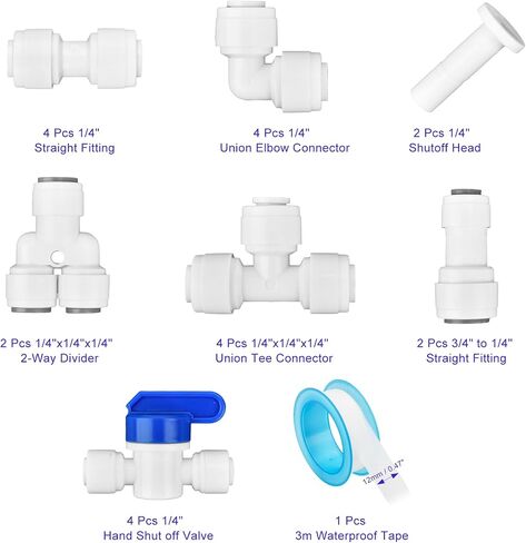 1/4" OD Quick Connect Fittings Set with 1/4" to 3/8" Tube OD Push Fit Quick Connect + 1/4" Ball Valve + 1/4" T/I/L/Y Fitting + 32.8 ft Tubing + Tube Cutter for RO Water Systems Purifiers Filters in Saudi Arabia