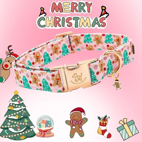 Elegant little tail Christmas Dog Collar, Pink Gingerbread Man Pet Dog Collar Cotton Soft Dog Collars Winter Holiday Collar with Duty Metal Buckle Pet Puppy Collar for Medium Dogs in Kuwait