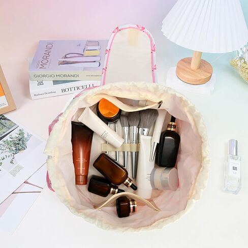 Large Barrel Drawstring Makeup Bag Travel Cosmetic Bag for Women - Portable Make Up Organizer Bag for Skin Care & Toiletries with Brush Holder & Pouch (Black) in Kuwait