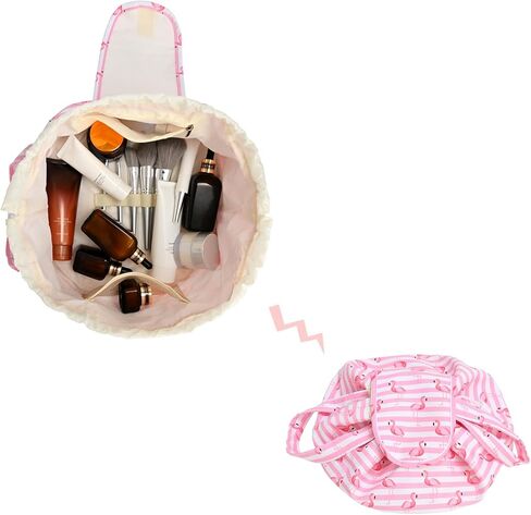 Large Barrel Drawstring Makeup Bag Travel Cosmetic Bag for Women - Portable Make Up Organizer Bag for Skin Care & Toiletries with Brush Holder & Pouch (Black) in Kuwait