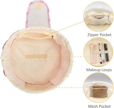 Large Barrel Drawstring Makeup Bag Travel Cosmetic Bag for Women - Portable Make Up Organizer Bag for Skin Care & Toiletries with Brush Holder & Pouch (Black) in Kuwait