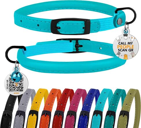 طوق BRONZEDOG للقطط مع أطواق جلدية ملفوفة من Bell Kitten، علامة اسم معرف QR الآمنة (8 بوصة - 11 بوصة، أخضر زيتوني) in Kuwait