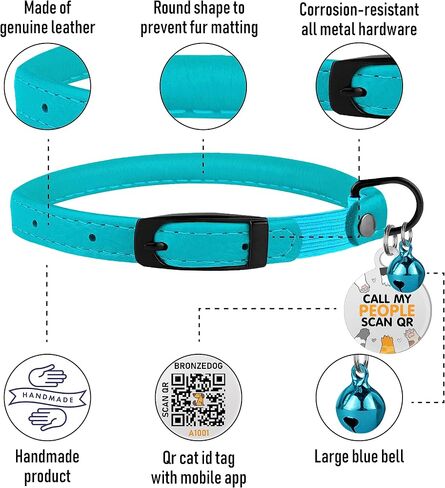 طوق BRONZEDOG للقطط مع أطواق جلدية ملفوفة من Bell Kitten، علامة اسم معرف QR الآمنة (8 بوصة - 11 بوصة، أخضر زيتوني) in Kuwait