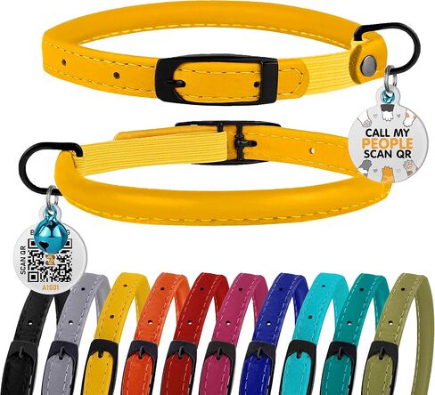 طوق BRONZEDOG للقطط مع أطواق جلدية ملفوفة من Bell Kitten، علامة اسم معرف QR الآمنة (8 بوصة - 11 بوصة، أخضر زيتوني) in Kuwait
