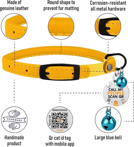 طوق BRONZEDOG للقطط مع أطواق جلدية ملفوفة من Bell Kitten، علامة اسم معرف QR الآمنة (8 بوصة - 11 بوصة، أخضر زيتوني) in Kuwait