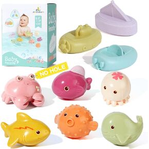 Bath Toys - 9 PCS No Hole Ocean Animals and Float Boats, Baby Bath Toys for Kids Ages 1-3, Pool Bathtub Shower Toys Gift for Preschool Toddlers Boys Girls