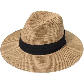 Women Fedora Sun Hat Wide Brim Straw Panama Hat Straw Hat Floppy Foldable Roll-Up Beach Cap Summer Hat Khaki